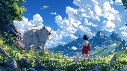 Child and Wolf in Anime Mountain Landscape