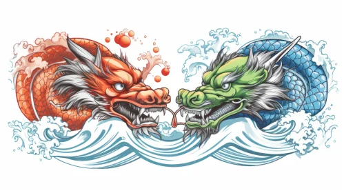 Graphic Design-Inspired Dragons Engaged in Water Battle