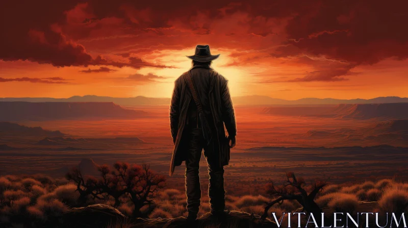 Striking Cowboy Silhouette Against Orange Sunset AI Image