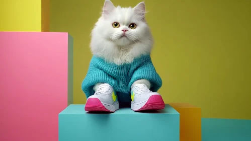 White Cat in Fashionable Outfit on Colorful Background