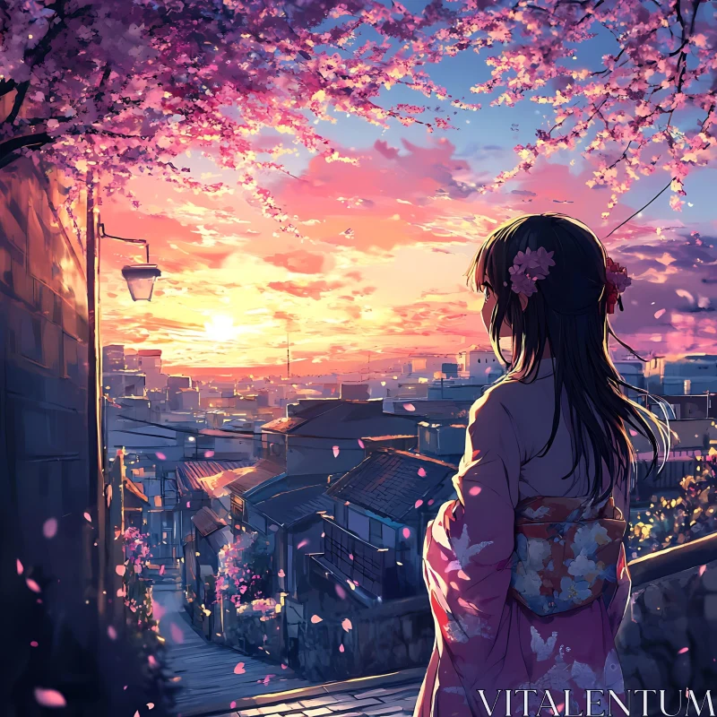 Girl in Kimono with Cherry Blossoms at Sunset AI Image