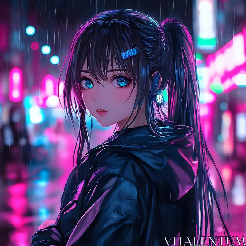 Anime Beauty in Neon Rain AI Image