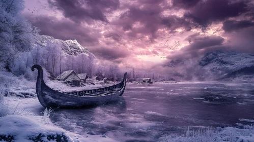 Mystical Snow Scene with Viking Boat