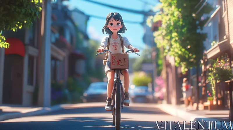 AI ART Girl on Bicycle in Animated Town