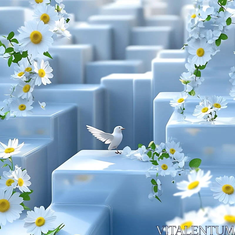 AI ART Serene White Bird Amidst Geometric Structures and Daisies