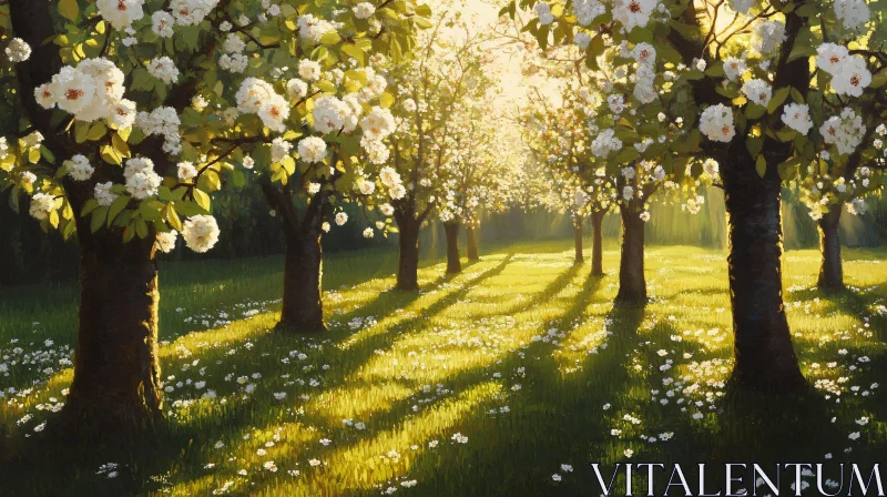 Sunlit Blossoming Trees in a Lush Orchard AI Image