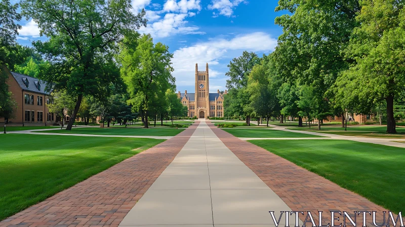 Symmetrical University Campus with Prominent Clock Tower AI Image