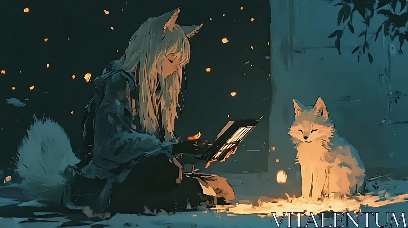 Enchanted Night Scene with Fantasy Fox Girl and Illuminated Fox AI Image