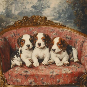 Cute Beagle Puppies on Floral Couch