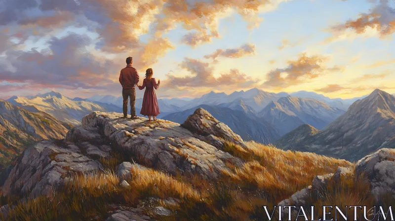 AI ART Couple Gazing at Mountain Sunset