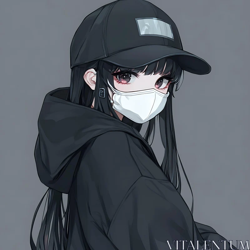 Masked Anime Girl Portrait with Black Hat and Hoodie AI Image