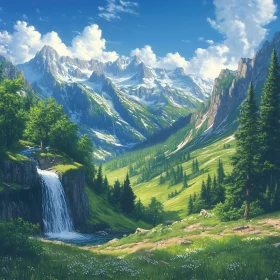 Scenic Mountain Landscape with Waterfall