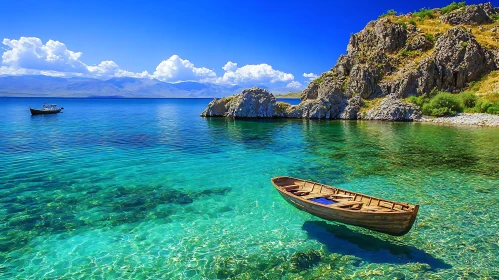 Picturesque Lake with Boat and Mountains