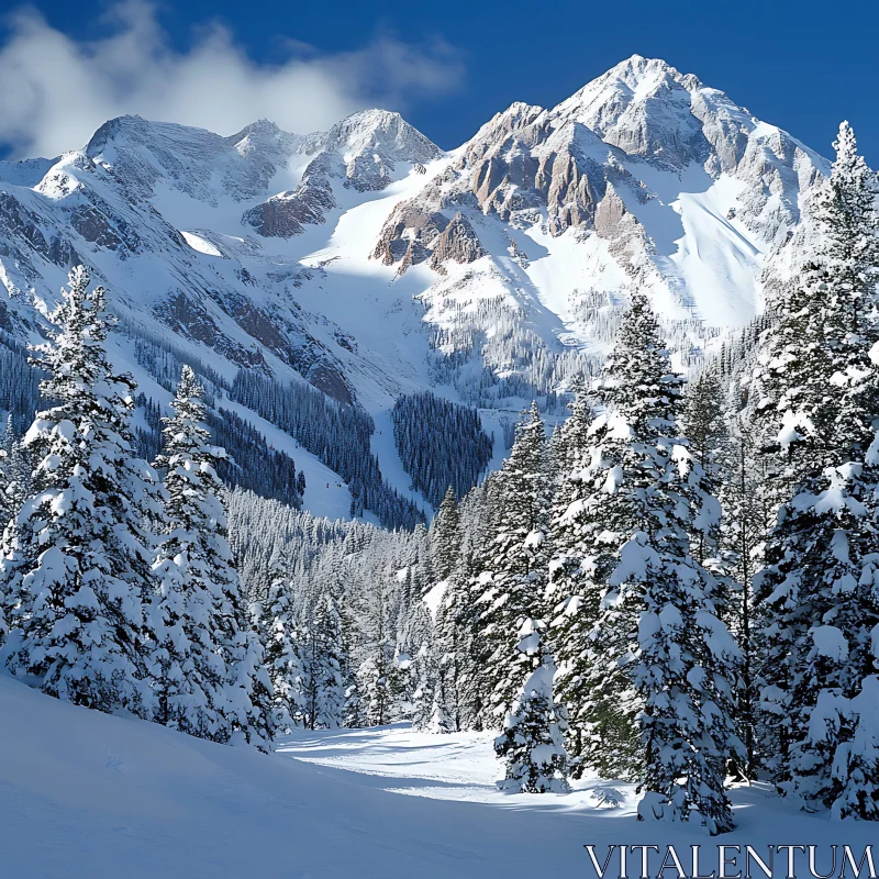 Snowy Mountain Landscape with Pine Trees AI Image