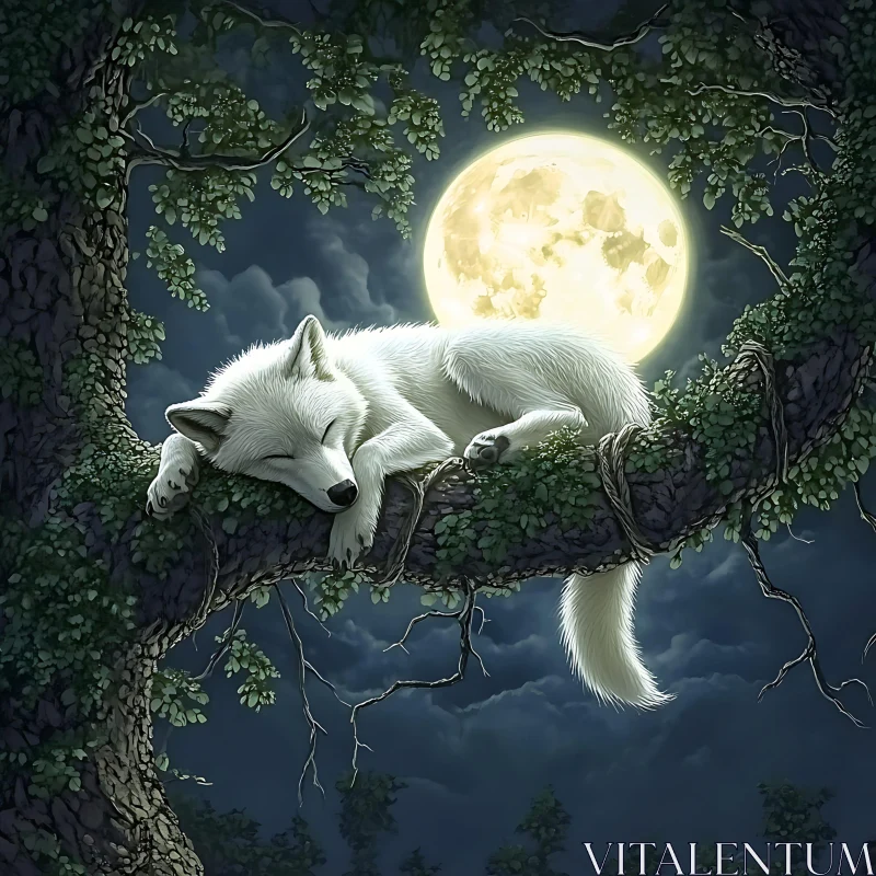 Sleeping Wolf in Moonlight AI Image