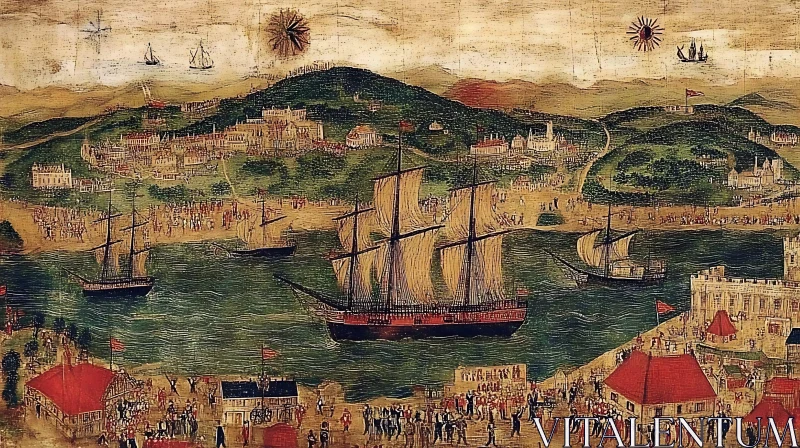 Historical Seascape Painting with Ships AI Image