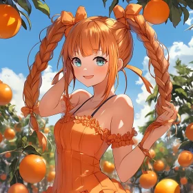 Anime Character Amidst Orange Trees