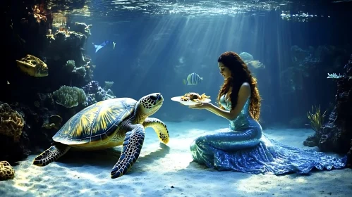 Underwater Feast: Mermaid and Sea Turtle