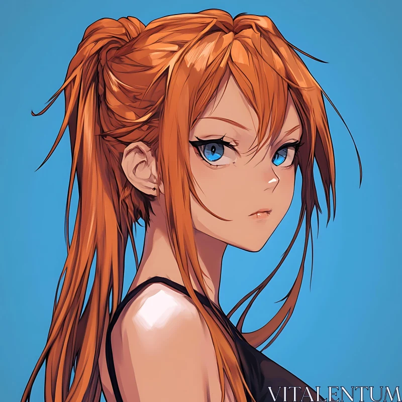 Anime Girl with Red Hair and Intense Blue Eyes AI Image