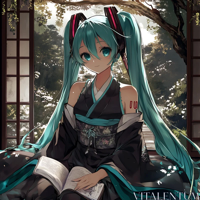 Anime Girl with Teal Hair and Open Book AI Image