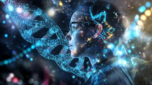 Futuristic DNA Portrait with Glowing Circuits