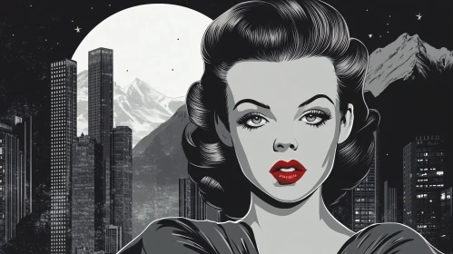 Noir Woman with Red Lips and Cityscape Background