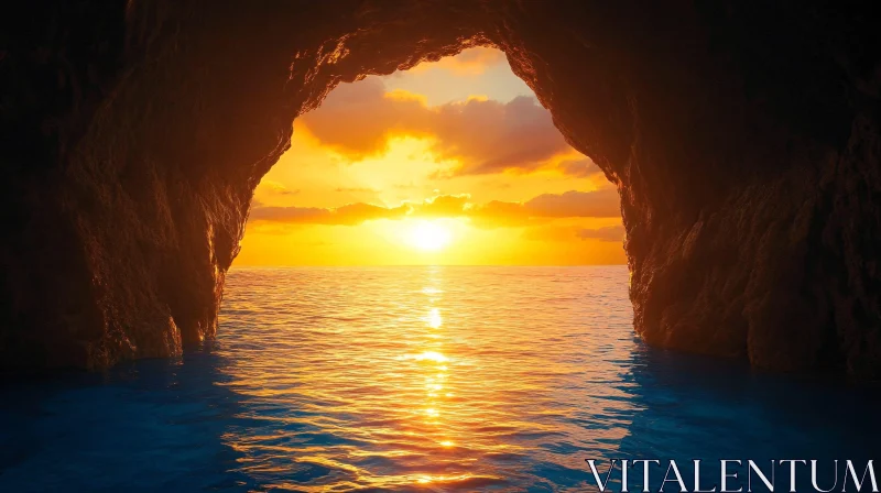 Cave Opening with a Beautiful Sunset Over a Tranquil Sea AI Image