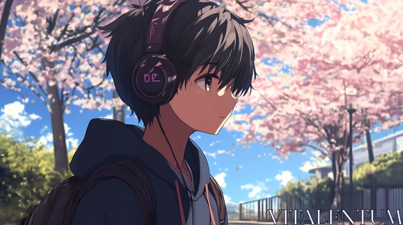 Springtime in Anime: Contemplative Youth Amidst Cherry Blossoms AI Image