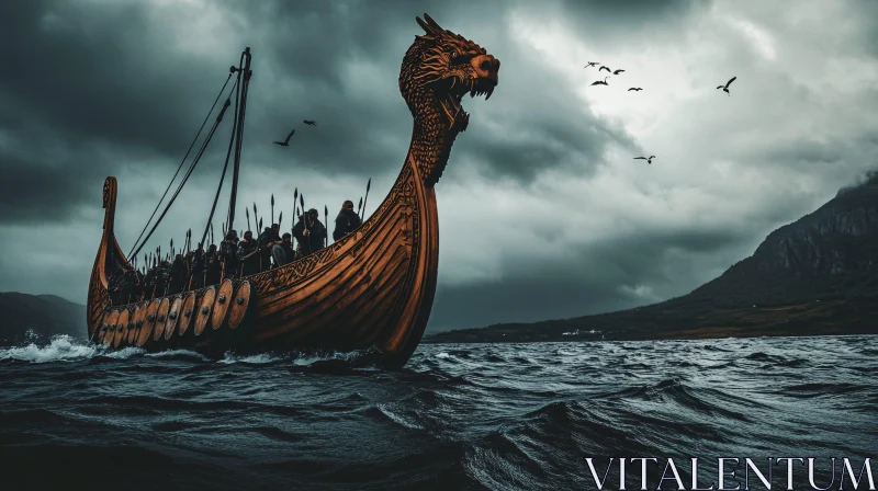 AI ART Viking Dragon-Head Longship in Rough Waters