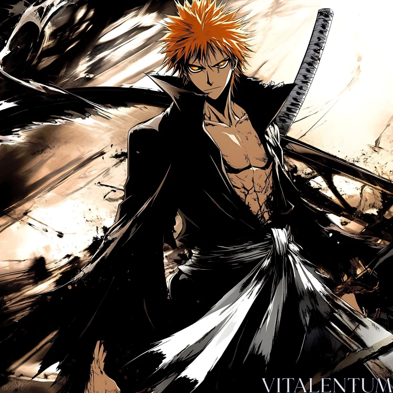 Epic Anime Warrior with Orange Hair and Black Outfit AI Image