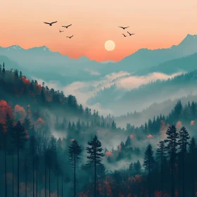 Serene Sunset in a Misty Forest and Mountains