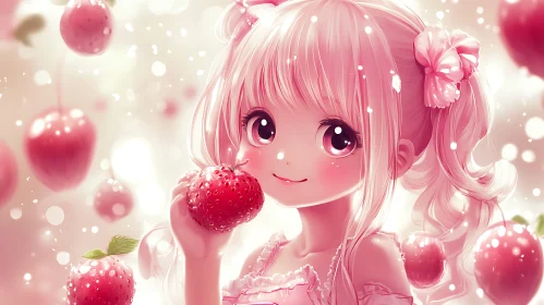 Cute Anime Girl Holding Strawberry with Floating Bubbles