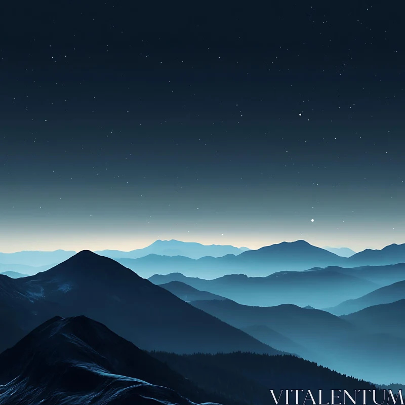 AI ART Blue Mountain Range Under Starry Sky