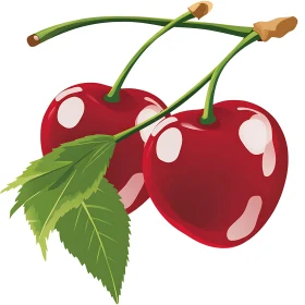 Pair of Cherries with Green Leaves