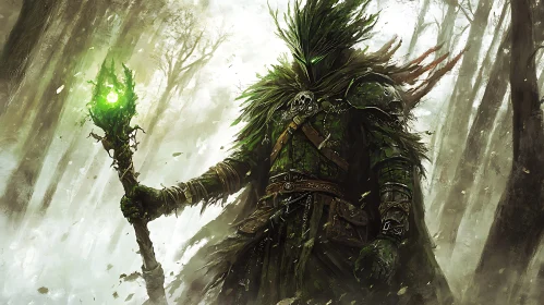 Mystical Forest Warrior with Glowing Staff