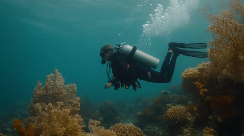 Scuba Diver Swimming in Coral Garden