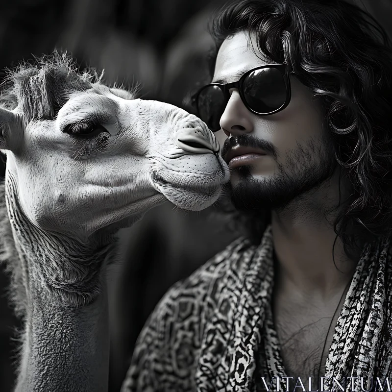 AI ART Man and Camel: A Monochrome Bond