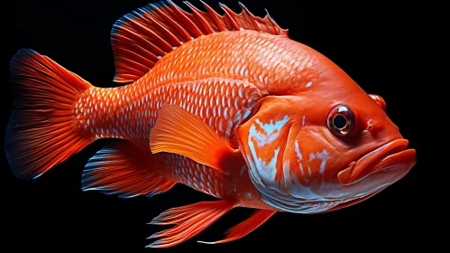 Colorful Orange Fish with Blue Eyes and Fins Against Dark Background