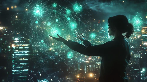 Woman Interacting with Digital Network