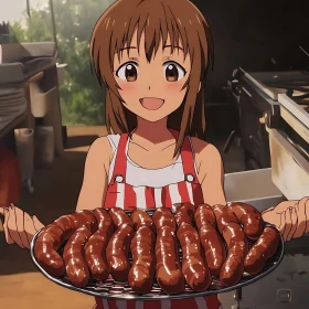 Cheerful Anime Girl Cooking Sausages