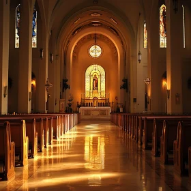 Church Interior with Stained Glass Window