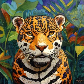 Wild Jaguar Among Tropical Leaves