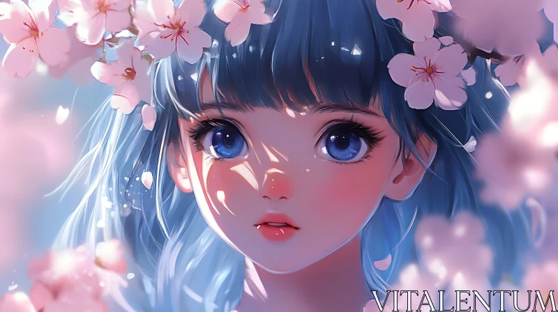 Serene Anime Girl with Blue Hair and Cherry Blossoms AI Image