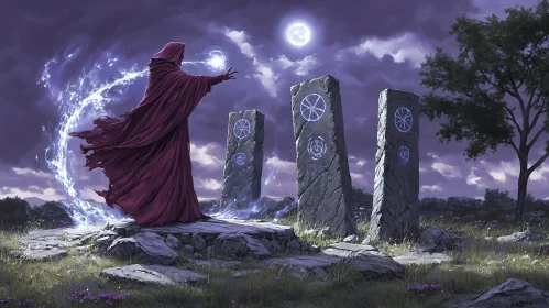 Crimson Wizard Casting Spell at Night