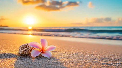 Tropical Beach Sunset with Pink Flower