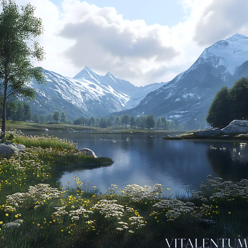 AI ART Alpine Lake and Snowy Mountain Peaks