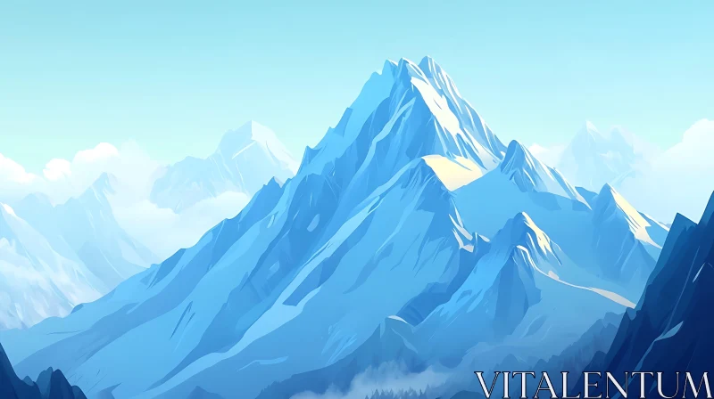 Snowy Mountain Range Under Pale Blue Sky AI Image