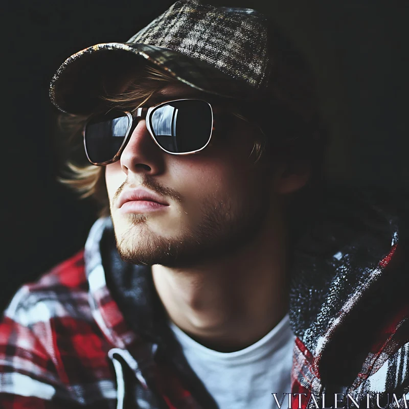 Pensive Male Portrait in Shades and Hat AI Image