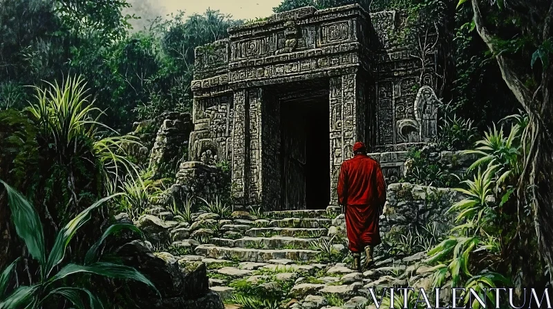 AI ART Jungle Temple and Red Robe Figure