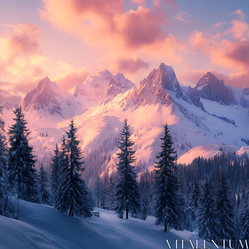 AI ART Winter Mountain Scene with Pink Sky